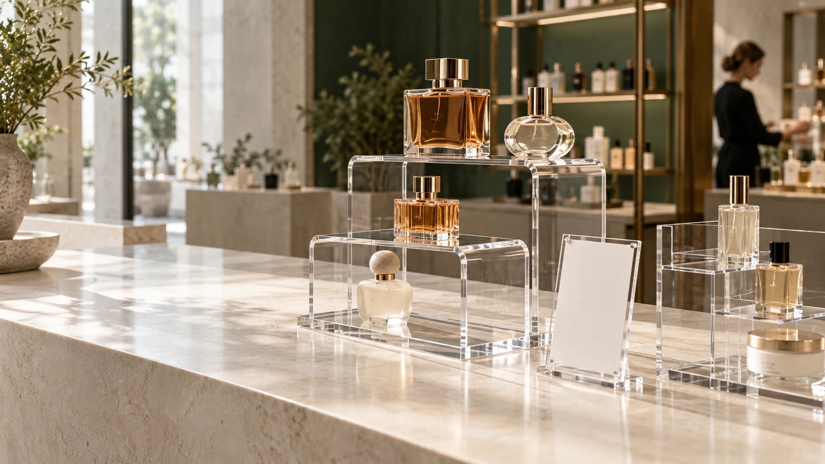 Luxury retail application illustration showing transparent acrylic sheet risers and polished-edge displays presenting fragrance bottles